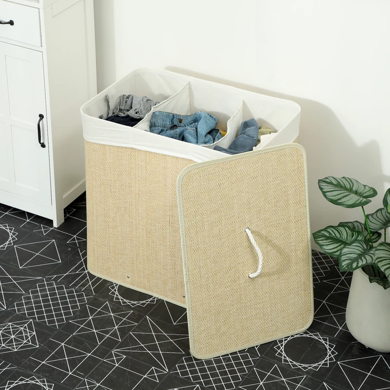 144L 3-Section Bamboo Laundry Basket with Lid, Removable Washable Liners & Handles, Cream White