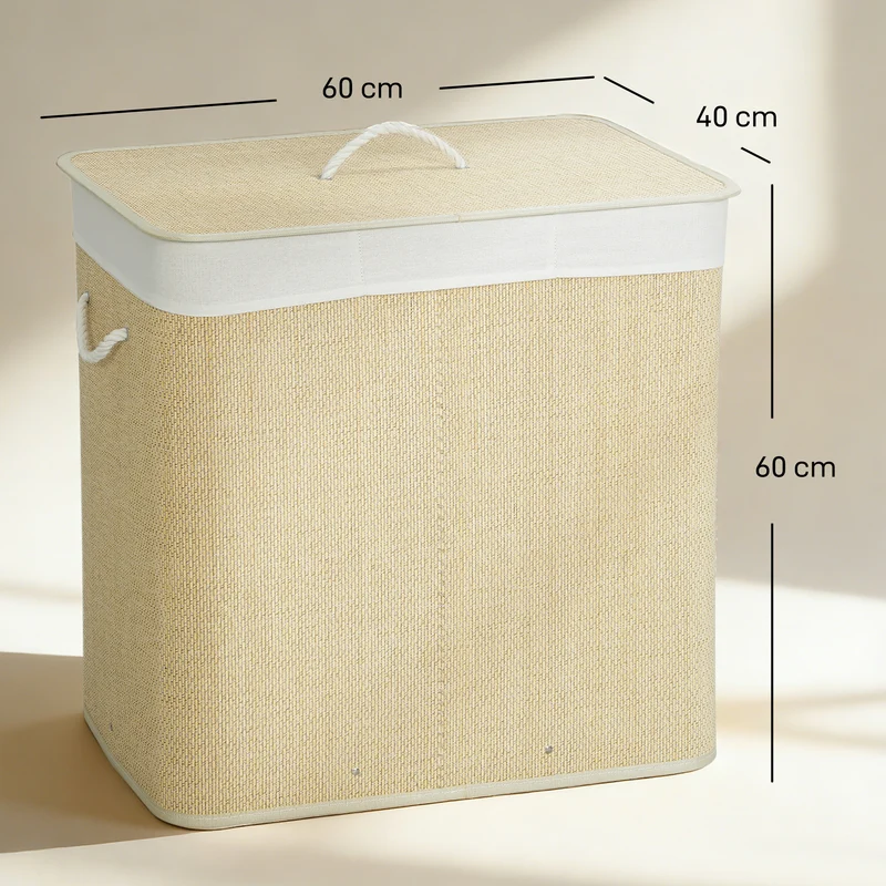 144L 3-Section Bamboo Laundry Basket with Lid, Removable Washable Liners & Handles, Cream White