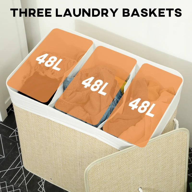 144L 3-Section Bamboo Laundry Basket with Lid, Removable Washable Liners & Handles, Cream White