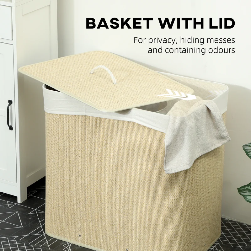 144L 3-Section Bamboo Laundry Basket with Lid, Removable Washable Liners & Handles, Cream White
