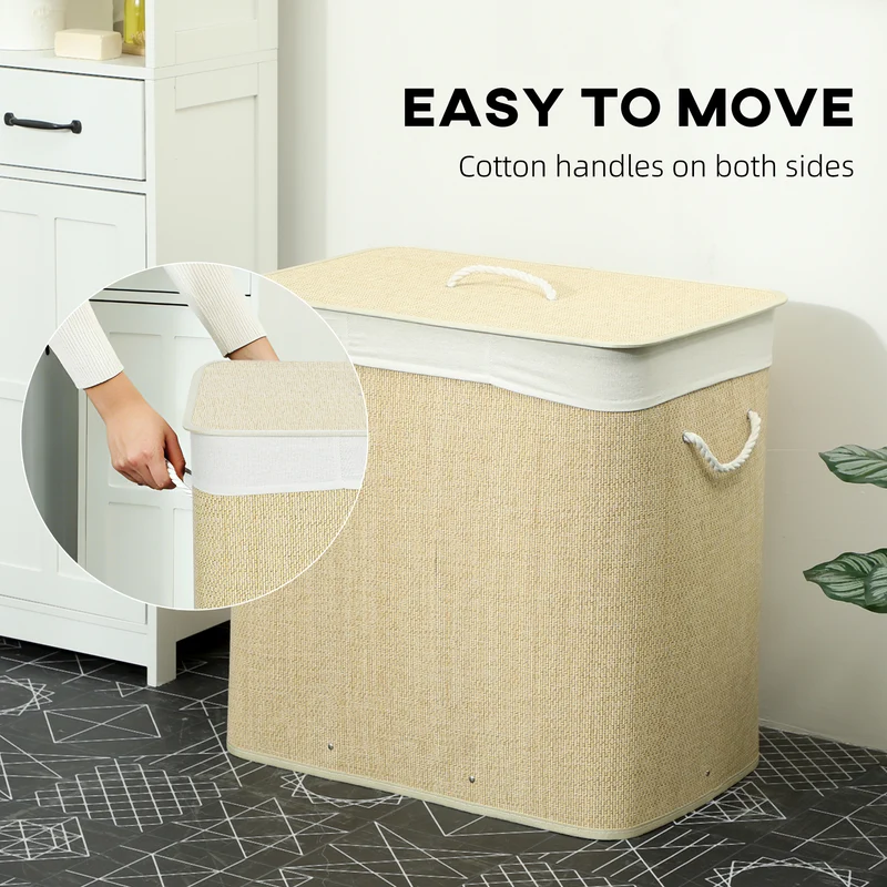 144L 3-Section Bamboo Laundry Basket with Lid, Removable Washable Liners & Handles, Cream White