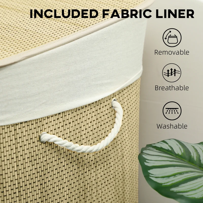 144L 3-Section Bamboo Laundry Basket with Lid, Removable Washable Liners & Handles, Cream White