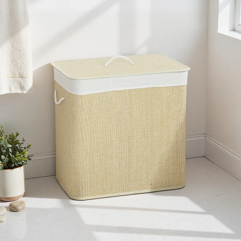 144L 3-Section Bamboo Laundry Basket with Lid, Removable Washable Liners & Handles, Cream White