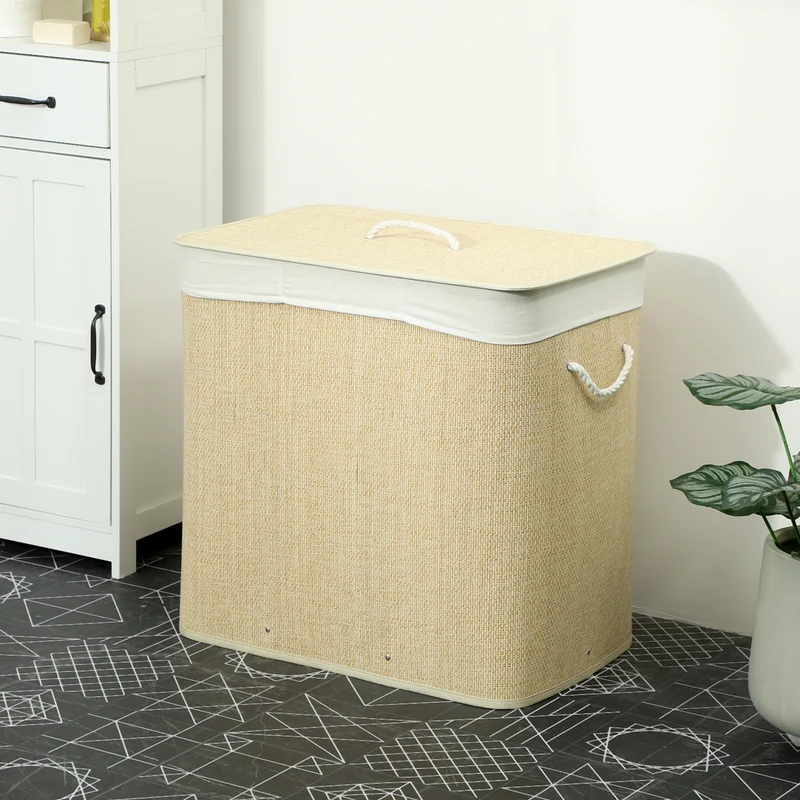 144L 3-Section Bamboo Laundry Basket with Lid, Removable Washable Liners & Handles, Cream White