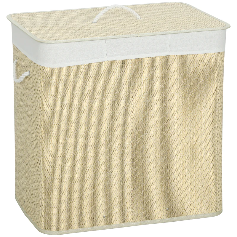 144L 3-Section Bamboo Laundry Basket with Lid, Removable Washable Liners & Handles, Cream White
