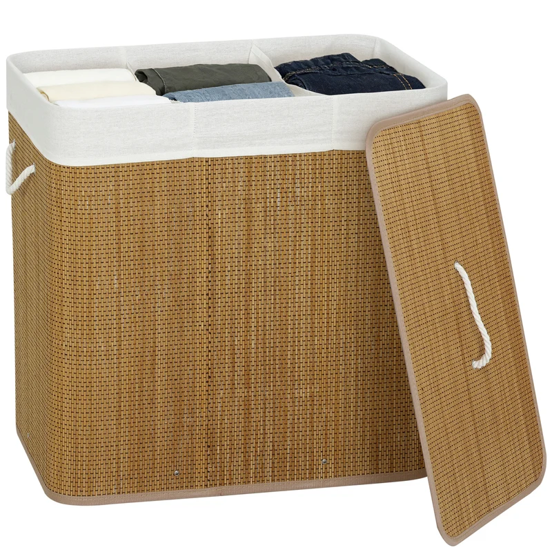144L 3-Section Bamboo Laundry Basket with Lid, Removable Washable Liners & Handles, Brown