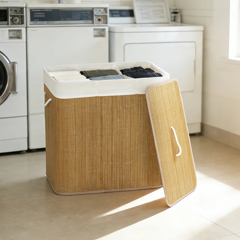 144L 3-Section Bamboo Laundry Basket with Lid, Removable Washable Liners & Handles, Brown