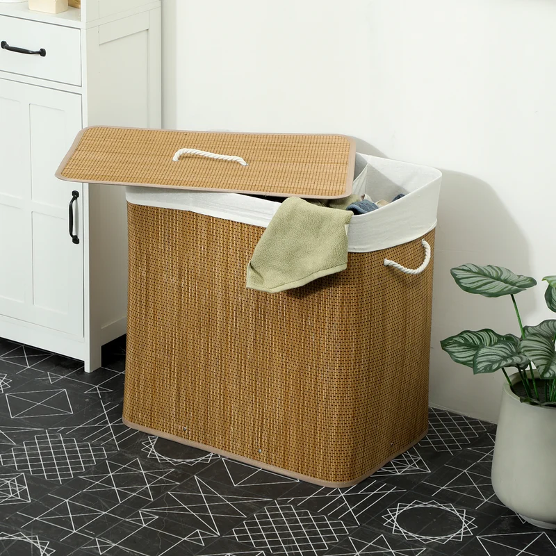 144L 3-Section Bamboo Laundry Basket with Lid, Removable Washable Liners & Handles, Brown