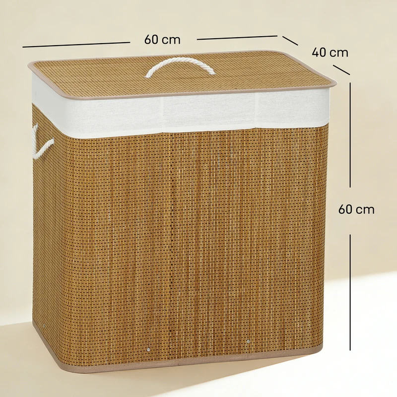 144L 3-Section Bamboo Laundry Basket with Lid, Removable Washable Liners & Handles, Brown