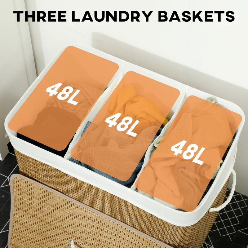 144L 3-Section Bamboo Laundry Basket with Lid, Removable Washable Liners & Handles, Brown