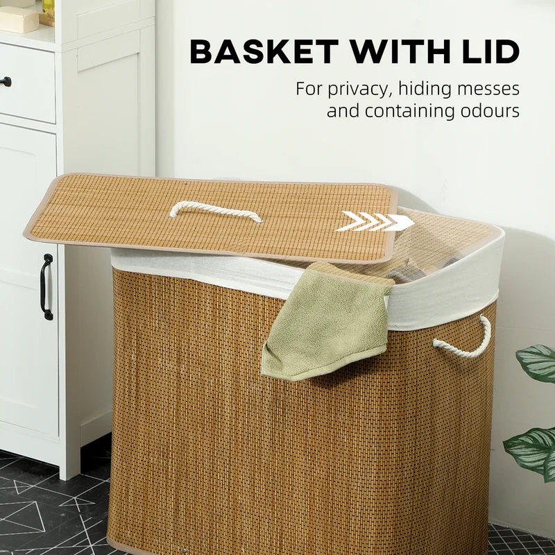 144L 3-Section Bamboo Laundry Basket with Lid, Removable Washable Liners & Handles, Brown