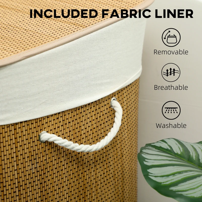 144L 3-Section Bamboo Laundry Basket with Lid, Removable Washable Liners & Handles, Brown