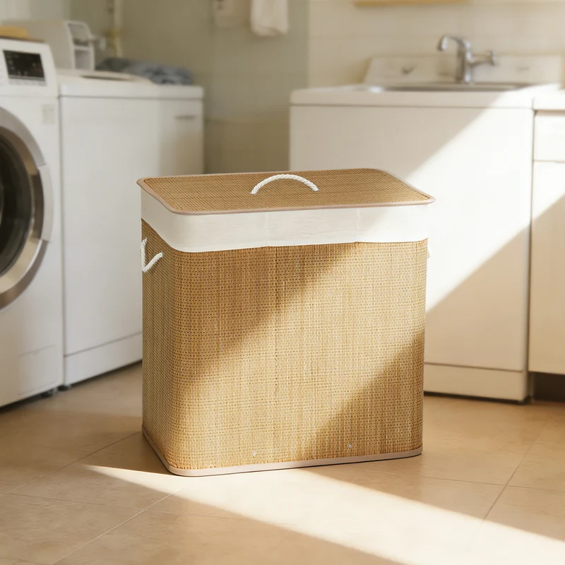 144L 3-Section Bamboo Laundry Basket with Lid, Removable Washable Liners & Handles, Brown