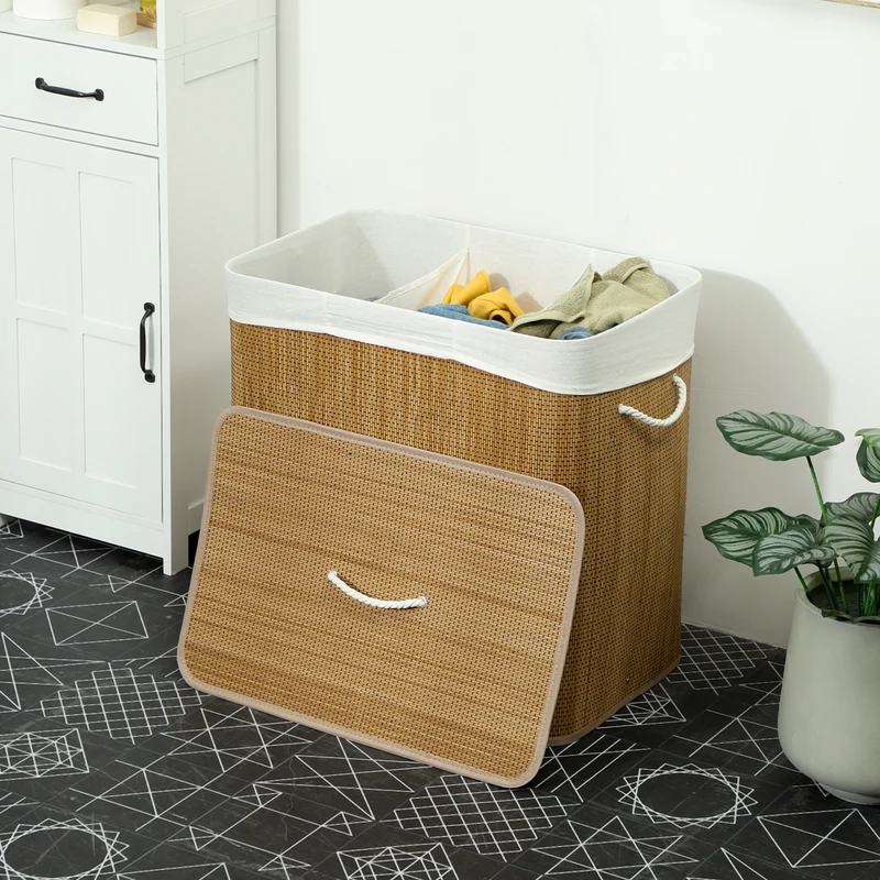 144L 3-Section Bamboo Laundry Basket with Lid, Removable Washable Liners & Handles, Brown