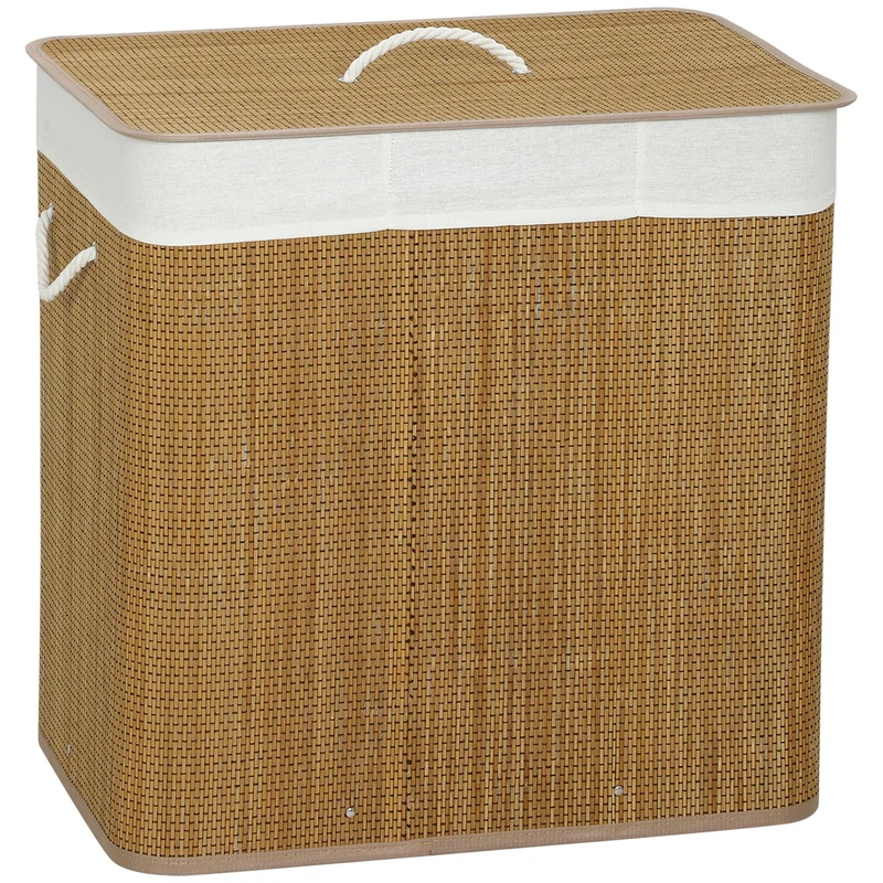 144L 3-Section Bamboo Laundry Basket with Lid, Removable Washable Liners & Handles, Brown
