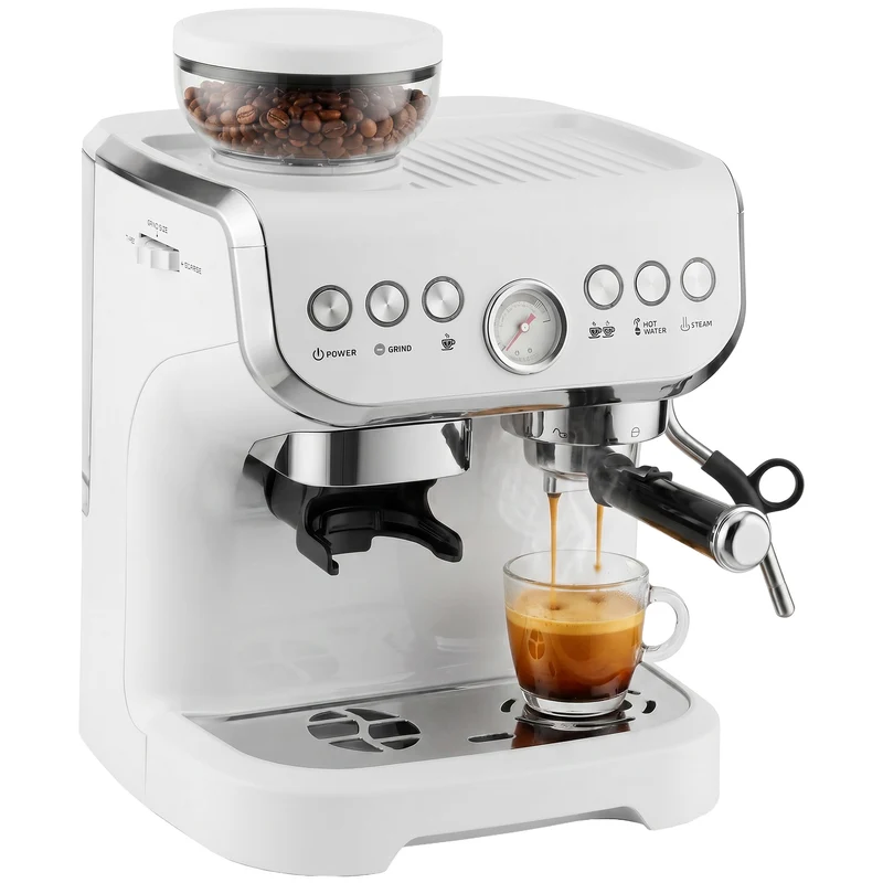 Bean-to-Cup Espresso Machine with Integrated Grinder & Steam Wand, 15 Bar Pump, 2L Tank, Stainless Steel, White