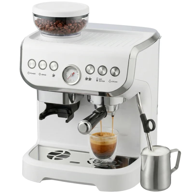 Bean-to-Cup Espresso Machine with Integrated Grinder & Steam Wand, 15 Bar Pump, 2L Tank, Stainless Steel, White