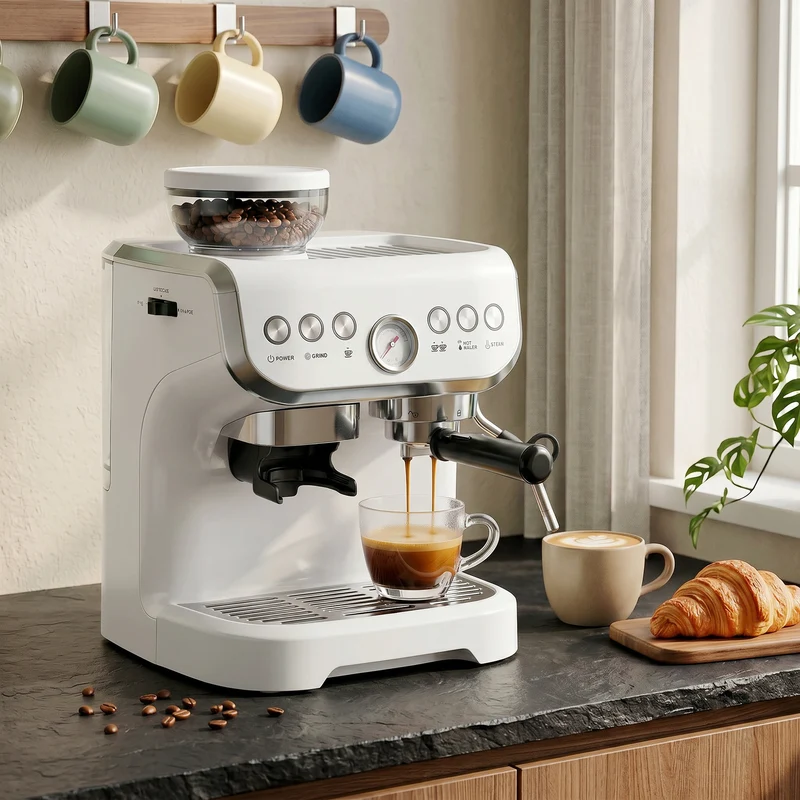Bean-to-Cup Espresso Machine with Integrated Grinder & Steam Wand, 15 Bar Pump, 2L Tank, Stainless Steel, White
