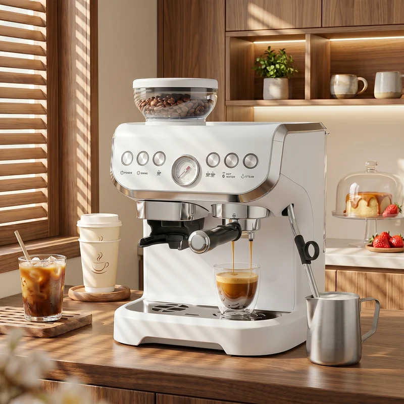 Bean-to-Cup Espresso Machine with Integrated Grinder & Steam Wand, 15 Bar Pump, 2L Tank, Stainless Steel, White
