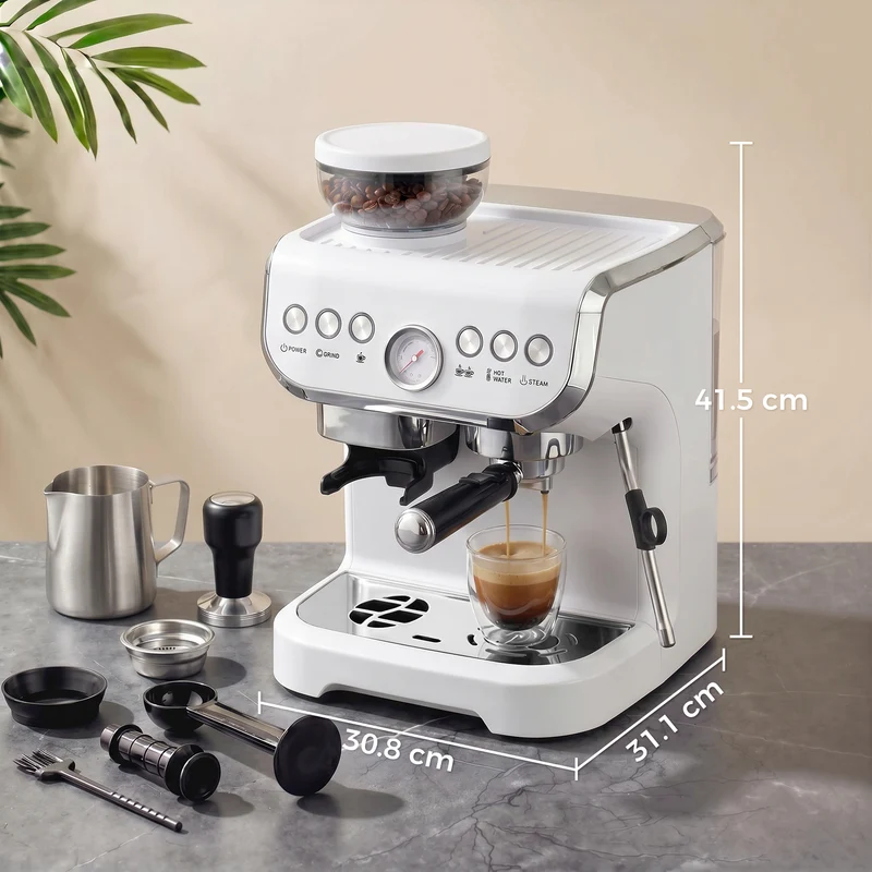Bean-to-Cup Espresso Machine with Integrated Grinder & Steam Wand, 15 Bar Pump, 2L Tank, Stainless Steel, White
