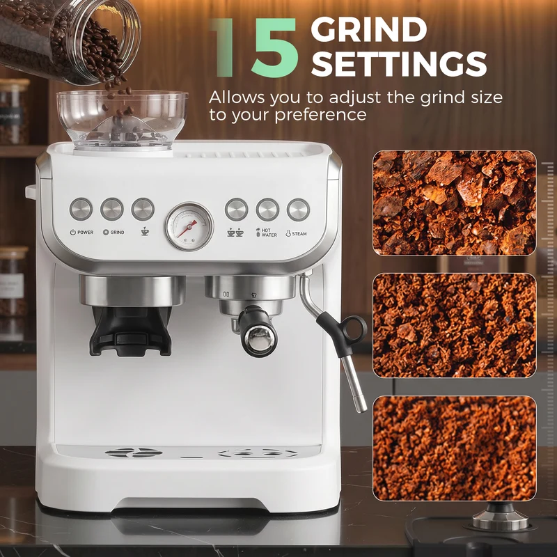 Bean-to-Cup Espresso Machine with Integrated Grinder & Steam Wand, 15 Bar Pump, 2L Tank, Stainless Steel, White
