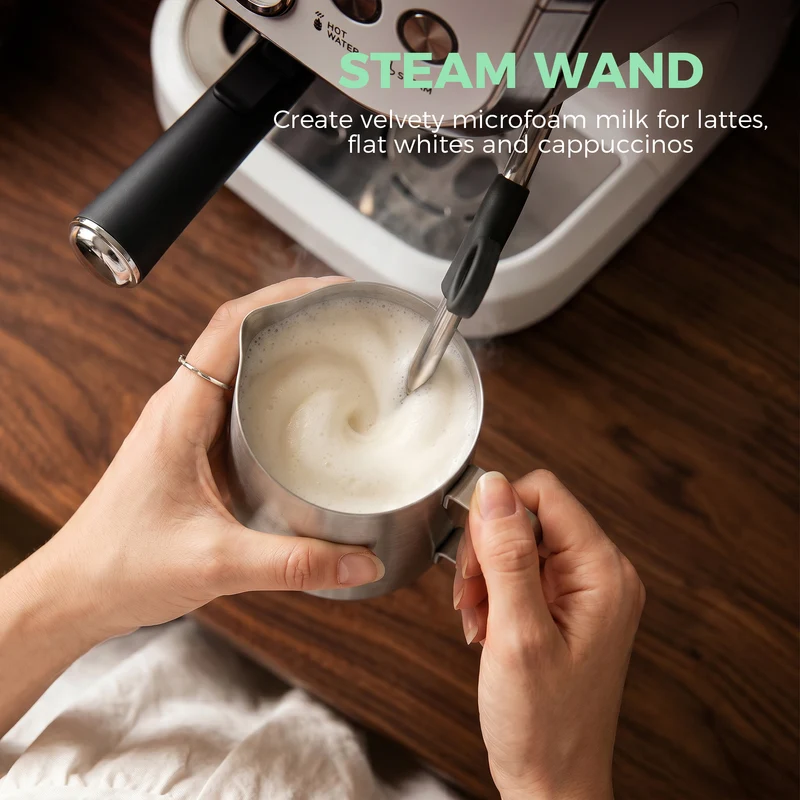 Bean-to-Cup Espresso Machine with Integrated Grinder & Steam Wand, 15 Bar Pump, 2L Tank, Stainless Steel, White