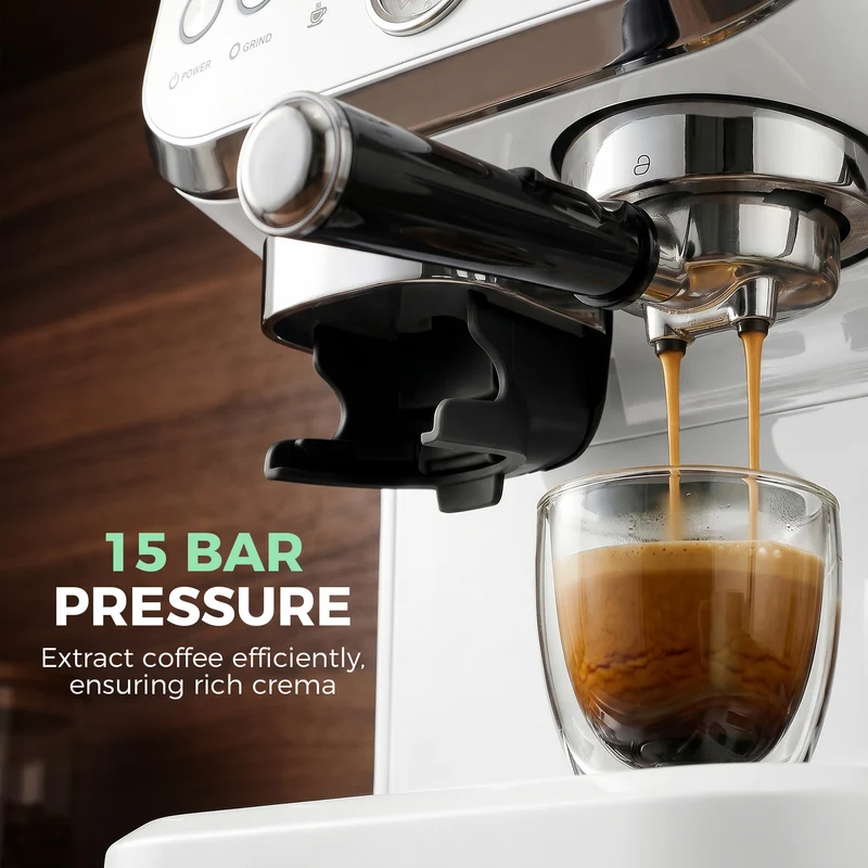 Bean-to-Cup Espresso Machine with Integrated Grinder & Steam Wand, 15 Bar Pump, 2L Tank, Stainless Steel, White