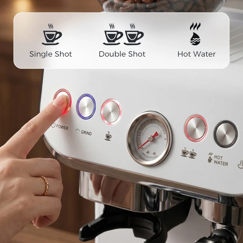 Bean-to-Cup Espresso Machine with Integrated Grinder & Steam Wand, 15 Bar Pump, 2L Tank, Stainless Steel, White