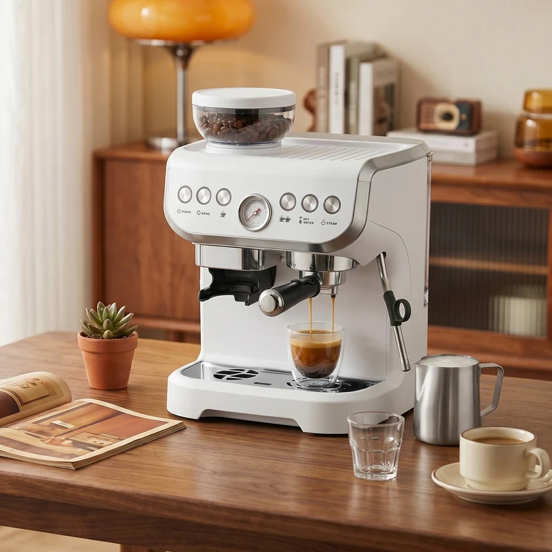 Bean-to-Cup Espresso Machine with Integrated Grinder & Steam Wand, 15 Bar Pump, 2L Tank, Stainless Steel, White