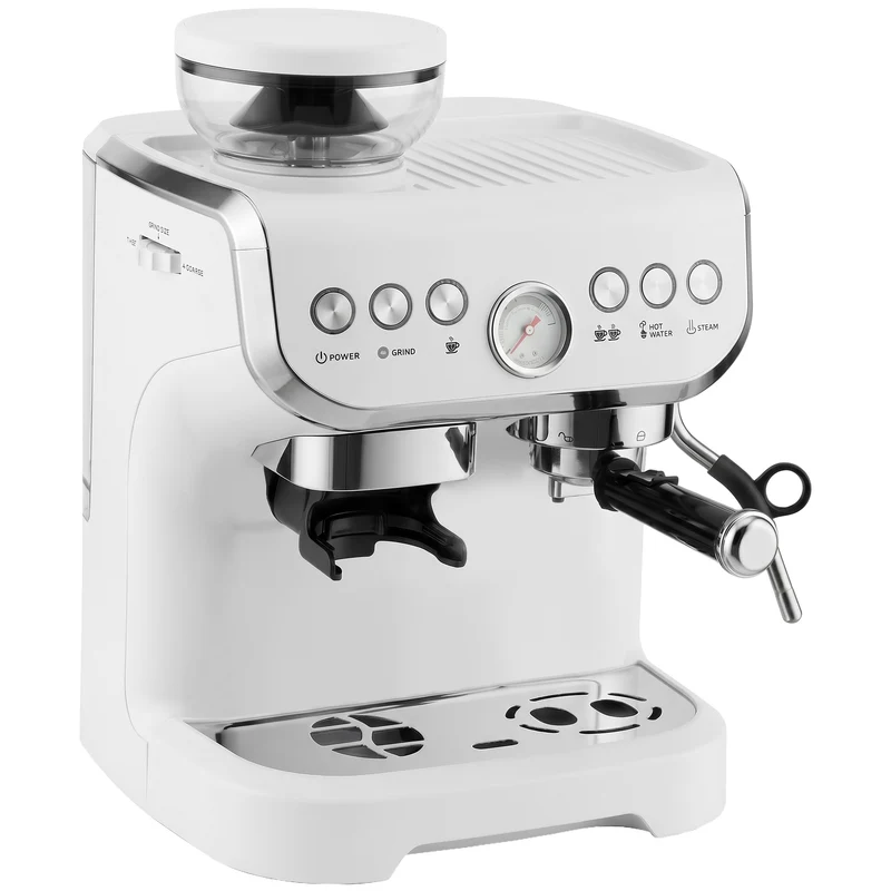 Bean-to-Cup Espresso Machine with Integrated Grinder & Steam Wand, 15 Bar Pump, 2L Tank, Stainless Steel, White
