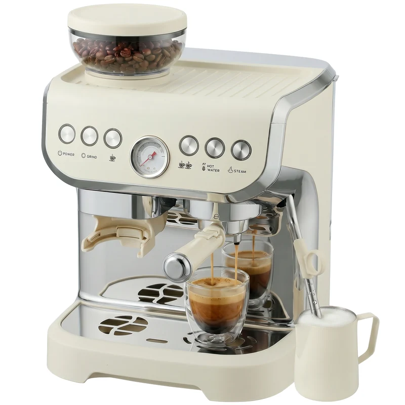 Bean to Cup Espresso Machine with Integrated Grinder & Steam Wand, 15 Bar Pump, 2L Tank, Stainless Steel, Cream White