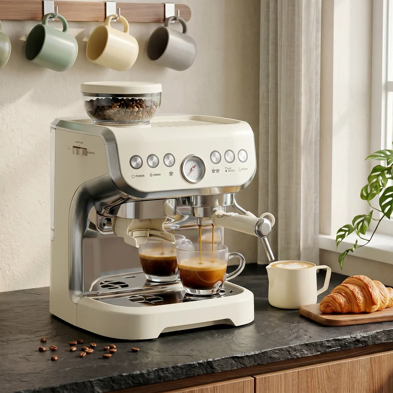 Bean to Cup Espresso Machine with Integrated Grinder & Steam Wand, 15 Bar Pump, 2L Tank, Stainless Steel, Cream White