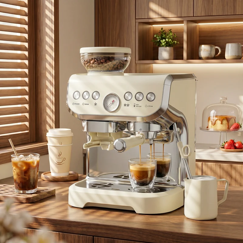 Bean to Cup Espresso Machine with Integrated Grinder & Steam Wand, 15 Bar Pump, 2L Tank, Stainless Steel, Cream White