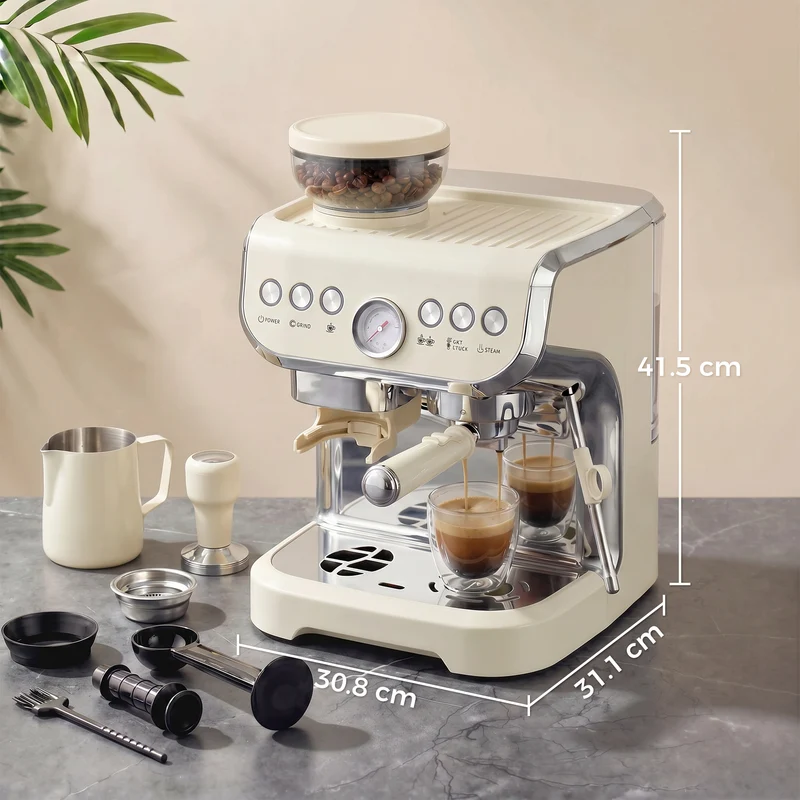 Bean to Cup Espresso Machine with Integrated Grinder & Steam Wand, 15 Bar Pump, 2L Tank, Stainless Steel, Cream White