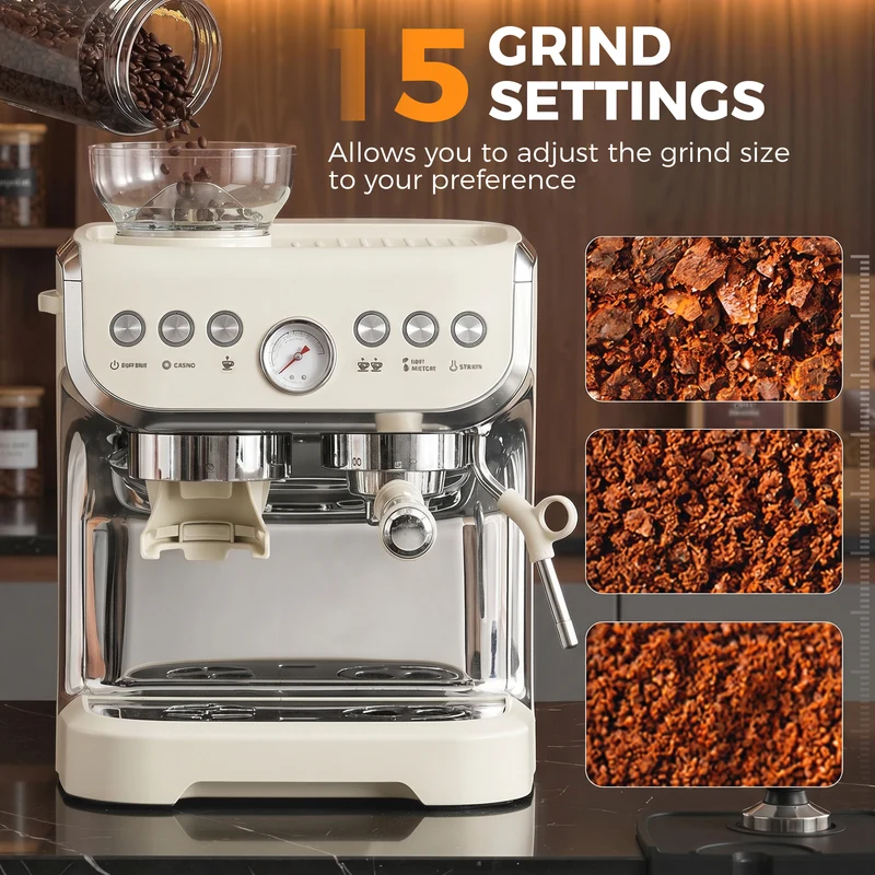 Bean to Cup Espresso Machine with Integrated Grinder & Steam Wand, 15 Bar Pump, 2L Tank, Stainless Steel, Cream White