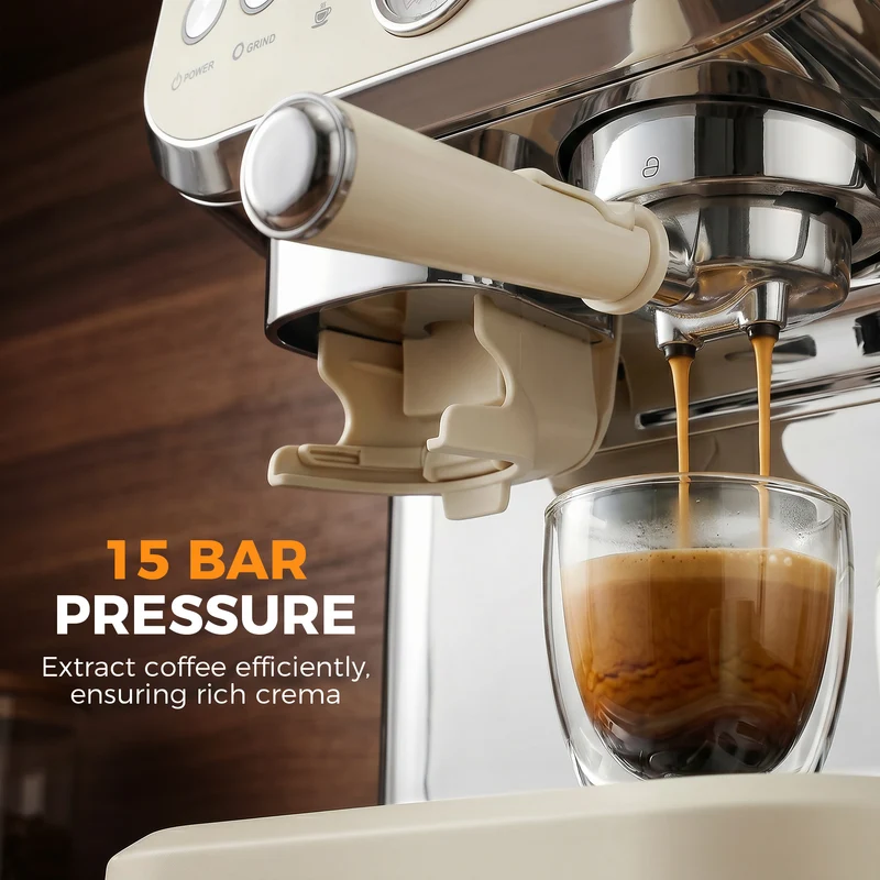 Bean to Cup Espresso Machine with Integrated Grinder & Steam Wand, 15 Bar Pump, 2L Tank, Stainless Steel, Cream White
