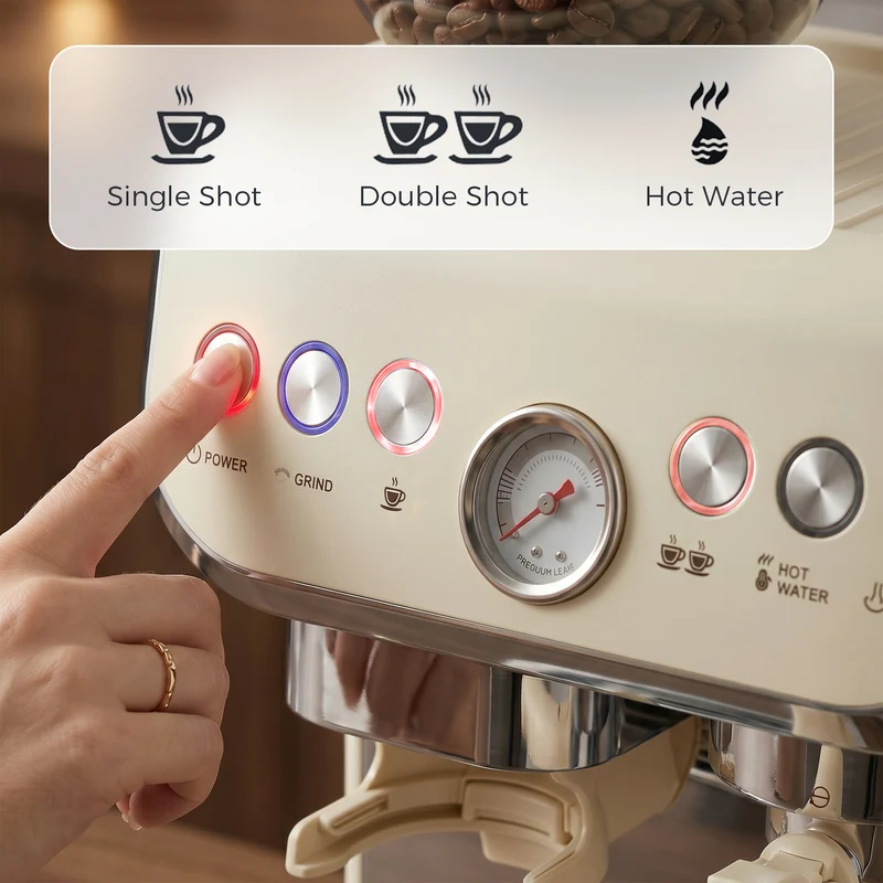 Bean to Cup Espresso Machine with Integrated Grinder & Steam Wand, 15 Bar Pump, 2L Tank, Stainless Steel, Cream White