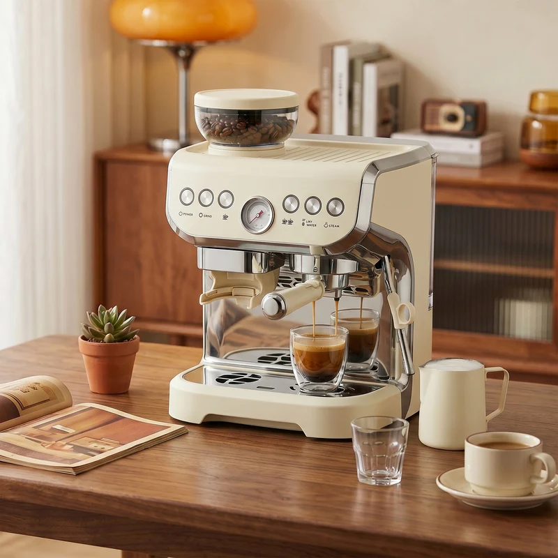 Bean to Cup Espresso Machine with Integrated Grinder & Steam Wand, 15 Bar Pump, 2L Tank, Stainless Steel, Cream White