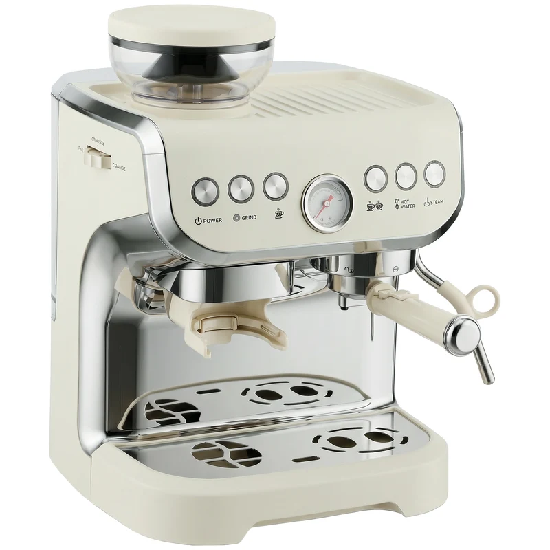 Bean to Cup Espresso Machine with Integrated Grinder & Steam Wand, 15 Bar Pump, 2L Tank, Stainless Steel, Cream White