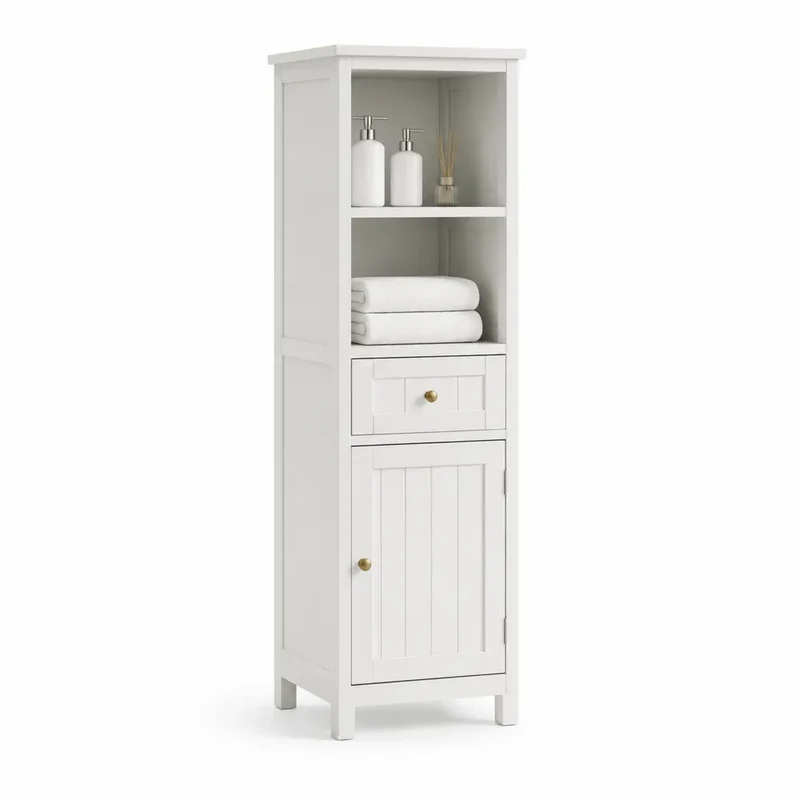 Hochschrank 35 x 30 x 180 cm Weiß Rechteckig MDF Offenes Fach Schublade Tür Goldgriff Badezimmer