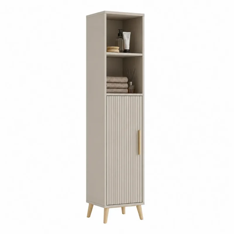 Badezimmer Hochschrank 170 cm x 35 cm x 32 cm Eiche Beige MDF mit offenen Fächern und Tür Lamellenoptik Holzbeine