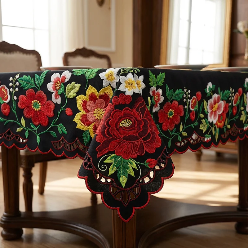 Mexikanische Tischdecke mit Blumenmuster und Wellenrand