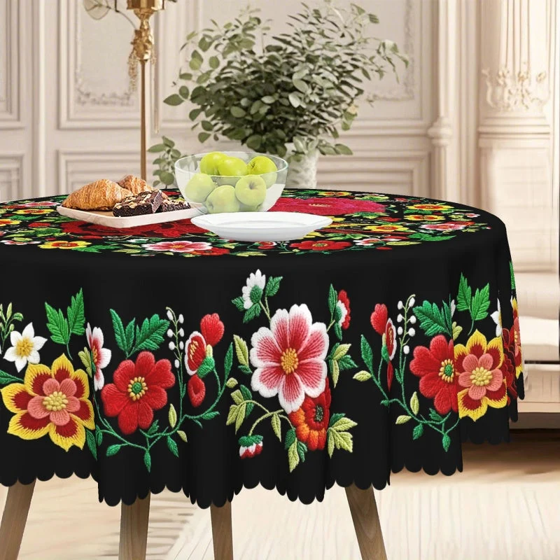 Mexikanische Tischdecke mit Blumenmuster und Wellenrand