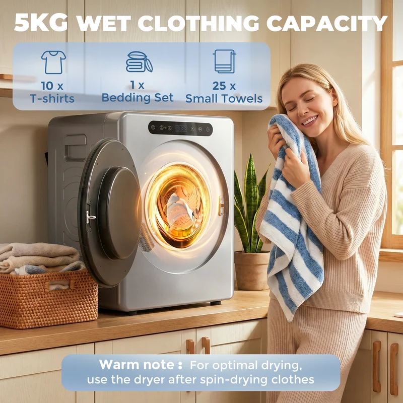 5kg Compact Vented Tumble Dryer with Stainless Steel Tub, 6 Heat Settings & Timer — Silver