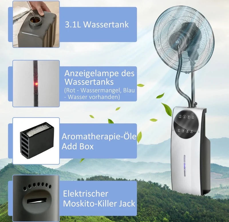 Nebel Ventilator Sprühnebel Standventilator Wasserabkühlung