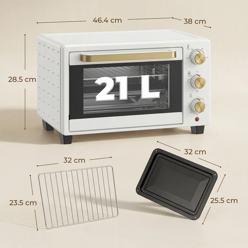21L Mini Countertop Oven with Adjustable Temperature & Timer, White