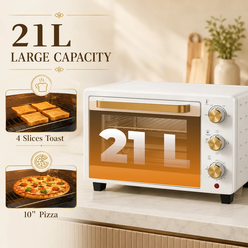 21L Mini Countertop Oven with Adjustable Temperature & Timer, White