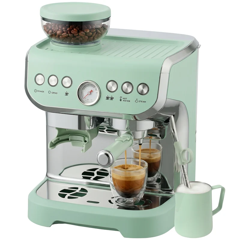 Bean to Cup Espresso Machine with Integrated Grinder & Steam Wand, 15 Bar Pump, 2L Tank, Stainless Steel, Light Green