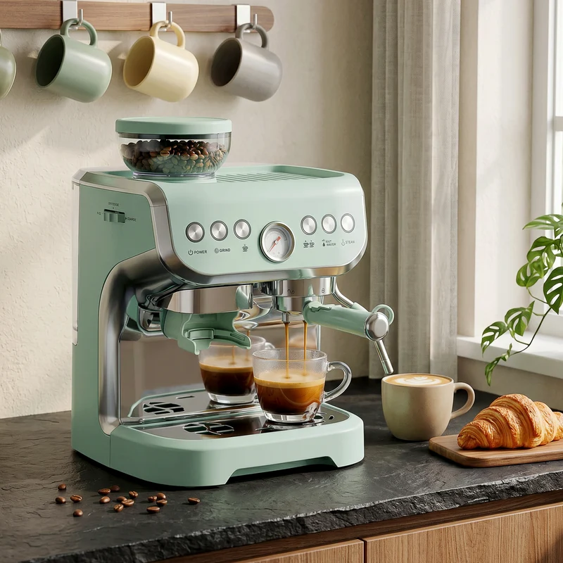 Bean to Cup Espresso Machine with Integrated Grinder & Steam Wand, 15 Bar Pump, 2L Tank, Stainless Steel, Light Green