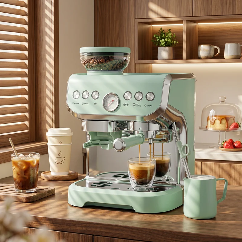 Bean to Cup Espresso Machine with Integrated Grinder & Steam Wand, 15 Bar Pump, 2L Tank, Stainless Steel, Light Green